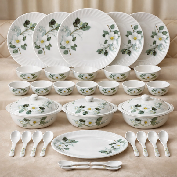 Comfy Homes Round Melamine 41 Pcs Dinner Set | 6 Dinner Plates, 6 Small Plates, 1 Serving Tray, 3 Big Serving Bowls with Lid, 12 Small Bowls, 6 Spoons, 4 Serving Spoons (White Blossom)