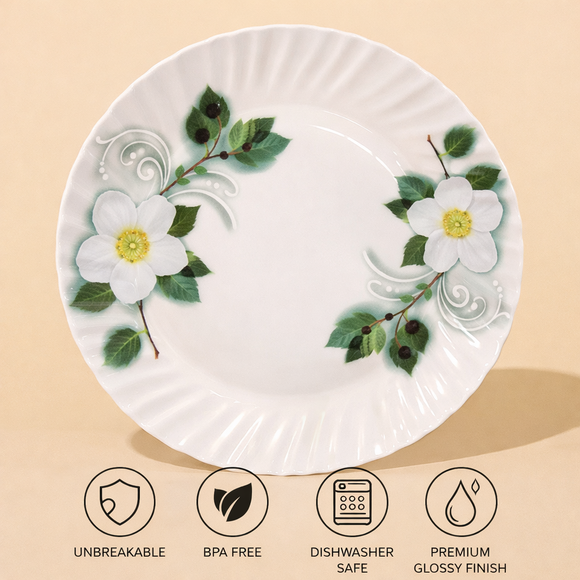 Comfy Homes Round Melamine 41 Pcs Dinner Set | 6 Dinner Plates, 6 Small Plates, 1 Serving Tray, 3 Big Serving Bowls with Lid, 12 Small Bowls, 6 Spoons, 4 Serving Spoons (White Blossom)