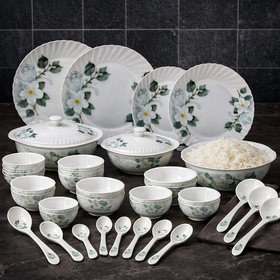 Comfy Homes Round Melamine 41 Pcs Dinner Set | 6 Dinner Plates, 6 Small Plates, 1 Serving Tray, 3 Big Serving Bowls with Lid, 12 Small Bowls, 6 Spoons, 4 Serving Spoons (White Blossom) - 0