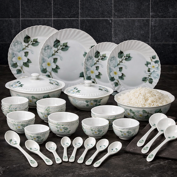 Comfy Homes Round Melamine 41 Pcs Dinner Set | 6 Dinner Plates, 6 Small Plates, 1 Serving Tray, 3 Big Serving Bowls with Lid, 12 Small Bowls, 6 Spoons, 4 Serving Spoons (White Blossom) - 0