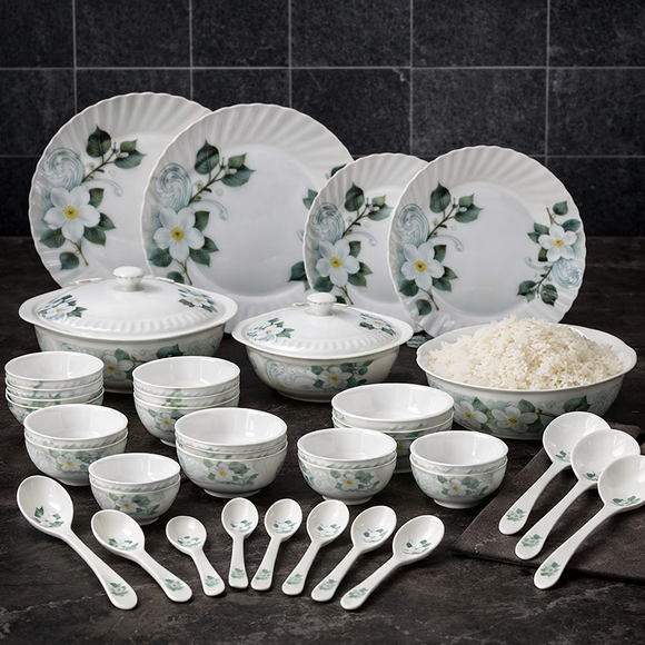 Comfy Homes Round Melamine 41 Pcs Dinner Set | 6 Dinner Plates, 6 Small Plates, 1 Serving Tray, 3 Big Serving Bowls with Lid, 12 Small Bowls, 6 Spoons, 4 Serving Spoons (White Blossom)