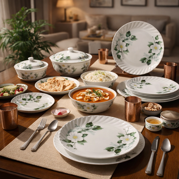 Comfy Homes Round Melamine 41 Pcs Dinner Set | 6 Dinner Plates, 6 Small Plates, 1 Serving Tray, 3 Big Serving Bowls with Lid, 12 Small Bowls, 6 Spoons, 4 Serving Spoons (White Blossom)