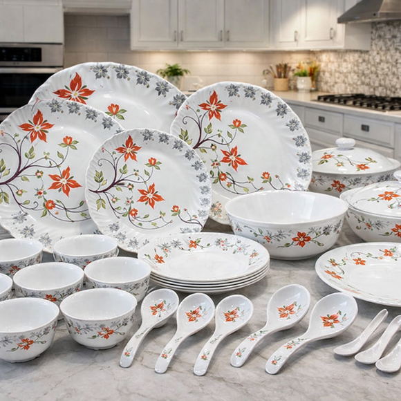 Comfy Homes Round Melamine 41 Pcs Dinner Set | 6 Dinner Plates, 6 Small Plates, 1 Serving Tray, 3 Big Serving Bowls with Lid, 12 Small Bowls, 6 Spoons, 4 Serving Spoons (Orange Blossom)