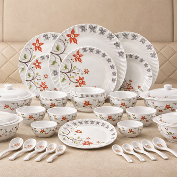 Comfy Homes Round Melamine 41 Pcs Dinner Set | 6 Dinner Plates, 6 Small Plates, 1 Serving Tray, 3 Big Serving Bowls with Lid, 12 Small Bowls, 6 Spoons, 4 Serving Spoons (Orange Blossom) - 0