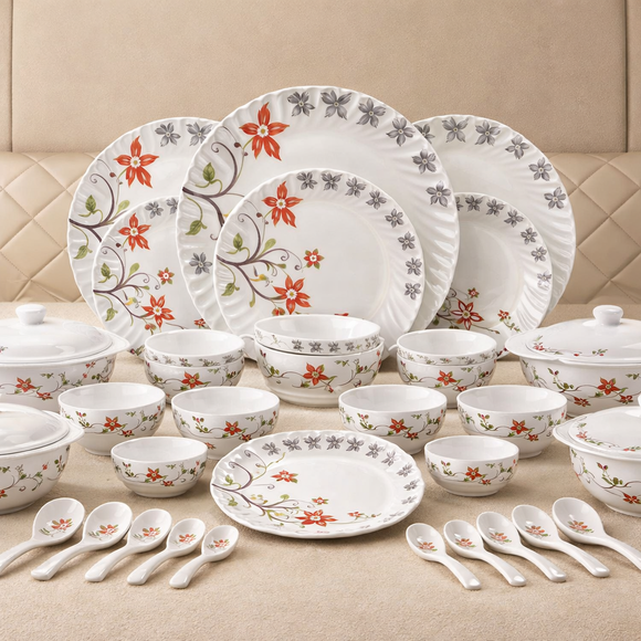 Comfy Homes Round Melamine 41 Pcs Dinner Set | 6 Dinner Plates, 6 Small Plates, 1 Serving Tray, 3 Big Serving Bowls with Lid, 12 Small Bowls, 6 Spoons, 4 Serving Spoons (Orange Blossom)