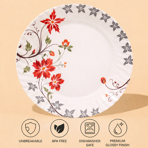 Comfy Homes Round Melamine 41 Pcs Dinner Set | 6 Dinner Plates, 6 Small Plates, 1 Serving Tray, 3 Big Serving Bowls with Lid, 12 Small Bowls, 6 Spoons, 4 Serving Spoons (Orange Blossom)