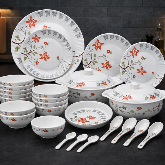 Comfy Homes Round Melamine 41 Pcs Dinner Set | 6 Dinner Plates, 6 Small Plates, 1 Serving Tray, 3 Big Serving Bowls with Lid, 12 Small Bowls, 6 Spoons, 4 Serving Spoons (Orange Blossom)