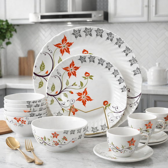 Comfy Homes Round Melamine 41 Pcs Dinner Set | 6 Dinner Plates, 6 Small Plates, 1 Serving Tray, 3 Big Serving Bowls with Lid, 12 Small Bowls, 6 Spoons, 4 Serving Spoons (Orange Blossom)
