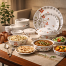 Comfy Homes Round Melamine 41 Pcs Dinner Set | 6 Dinner Plates, 6 Small Plates, 1 Serving Tray, 3 Big Serving Bowls with Lid, 12 Small Bowls, 6 Spoons, 4 Serving Spoons (Orange Blossom)-1