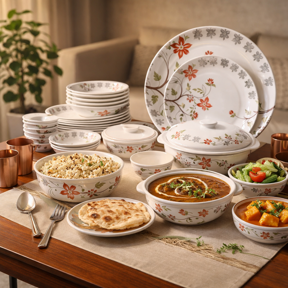 Comfy Homes Round Melamine 41 Pcs Dinner Set | 6 Dinner Plates, 6 Small Plates, 1 Serving Tray, 3 Big Serving Bowls with Lid, 12 Small Bowls, 6 Spoons, 4 Serving Spoons (Orange Blossom)