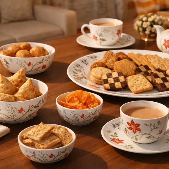 Comfy Homes Round Melamine 41 Pcs Dinner Set | 6 Dinner Plates, 6 Small Plates, 1 Serving Tray, 3 Big Serving Bowls with Lid, 12 Small Bowls, 6 Spoons, 4 Serving Spoons (Orange Blossom)