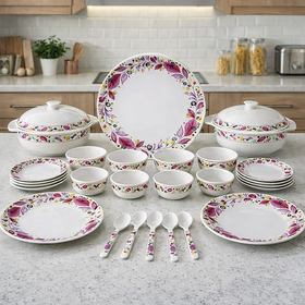Comfy Homes 41 Pcs Melamine Dinner Set | Round Design with Dinner Plates, Small Plates, Serving Tray, Bowls with Lids, Spoons & Serving Spoons | Unbreakable & Lightweight Dinnerware (Colourful Garden) - 0