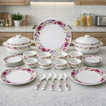 Comfy Homes 41 Pcs Melamine Dinner Set | Round Design with Dinner Plates, Small Plates, Serving Tray, Bowls with Lids, Spoons & Serving Spoons | Unbreakable & Lightweight Dinnerware (Colourful Garden) - 0