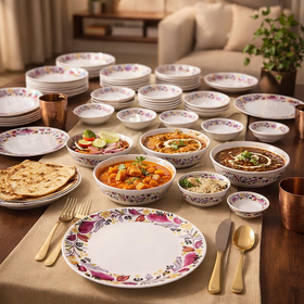 Comfy Homes 41 Pcs Melamine Dinner Set | Round Design with Dinner Plates, Small Plates, Serving Tray, Bowls with Lids, Spoons & Serving Spoons | Unbreakable & Lightweight Dinnerware (Colourful Garden)