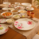 40 Pcs Melamine Dinner Set | Round Design with Dinner Plates, Small Plates, Serving Tray, Bowls with Lids, Spoons & Serving Spoons | Unbreakable & Lightweight Dinnerware (Golden Lining)-8