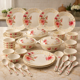 40 Pcs Melamine Dinner Set | Round Design with Dinner Plates, Small Plates, Serving Tray, Bowls with Lids, Spoons & Serving Spoons | Unbreakable & Lightweight Dinnerware (Golden Lining)