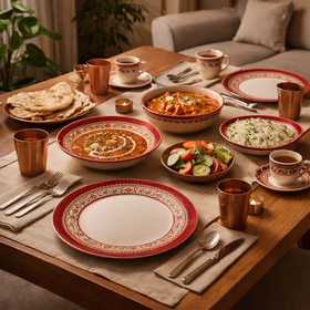 Comfy Homes 41 Pcs Melamine Dinner Set | Round Design with Dinner Plates, Small Plates, Serving Tray, Bowls with Lids, Spoons & Serving Spoons | Unbreakable & Lightweight Dinnerware (Royale Sapphire)