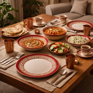 Comfy Homes 41 Pcs Melamine Dinner Set | Round Design with Dinner Plates, Small Plates, Serving Tray, Bowls with Lids, Spoons & Serving Spoons | Unbreakable & Lightweight Dinnerware (Royale Sapphire)