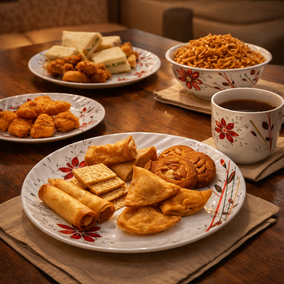 Comfy Homes Round Melamine 41 Pcs Floral Dinner Set | 6 Dinner Plates, 6 Small Plates, 1 Serving Tray, 3 Big Serving Bowls with Lid, 12 Small Bowls, 6 Spoons, 4 Serving Spoons (Blackkish Red Flora)