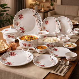 Comfy Homes Round Melamine 41 Pcs Floral Dinner Set | 6 Dinner Plates, 6 Small Plates, 1 Serving Tray, 3 Big Serving Bowls with Lid, 12 Small Bowls, 6 Spoons, 4 Serving Spoons (Blackkish Red Flora)