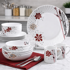Comfy Homes Round Melamine 41 Pcs Floral Dinner Set | 6 Dinner Plates, 6 Small Plates, 1 Serving Tray, 3 Big Serving Bowls with Lid, 12 Small Bowls, 6 Spoons, 4 Serving Spoons (Blackkish Red Flora) - 0