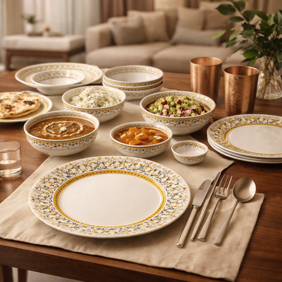 Comfy Homes Round Melamine 41 Pcs Dinner Set | 6 Dinner Plates, 6 Small Plates, 1 Serving Tray, 3 Big Serving Bowls with Lid, 12 Small Bowls, 6 Spoons, 4 Serving Spoons (Amara Luxe)