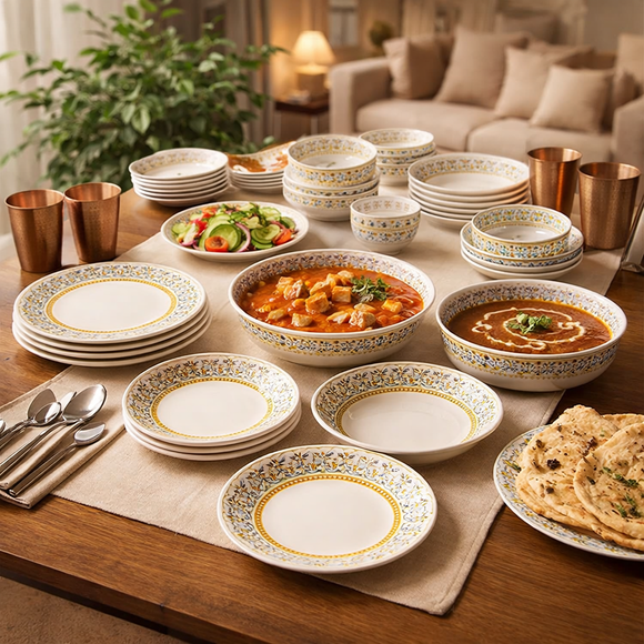 Comfy Homes Round Melamine 41 Pcs Dinner Set | 6 Dinner Plates, 6 Small Plates, 1 Serving Tray, 3 Big Serving Bowls with Lid, 12 Small Bowls, 6 Spoons, 4 Serving Spoons (Amara Luxe)