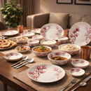 Comfy Homes Round Melamine 41 Pcs Dinner Set | 6 Dinner Plates, 6 Small Plates, 1 Serving Tray, 3 Big Serving Bowls with Lid, 12 Small Bowls, 6 Spoons, 4 Serving Spoons (Pink Blossom)-1