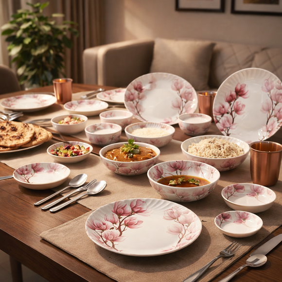 Comfy Homes Round Melamine 41 Pcs Dinner Set | 6 Dinner Plates, 6 Small Plates, 1 Serving Tray, 3 Big Serving Bowls with Lid, 12 Small Bowls, 6 Spoons, 4 Serving Spoons (Pink Blossom)