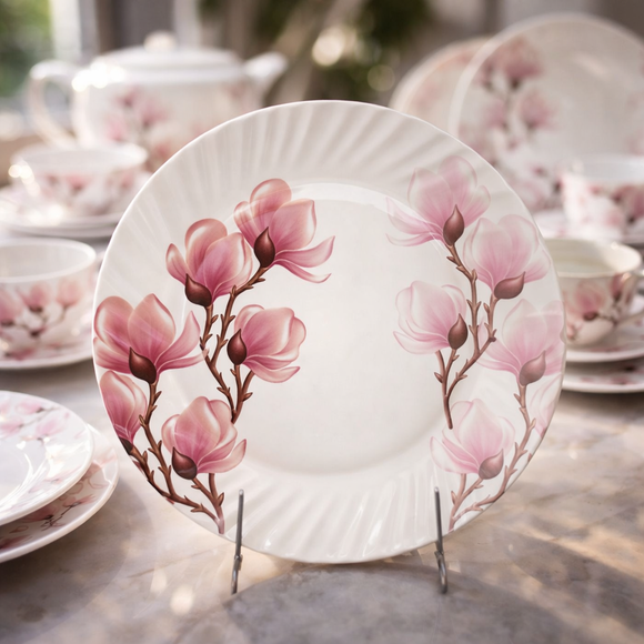 Comfy Homes Round Melamine 41 Pcs Dinner Set | 6 Dinner Plates, 6 Small Plates, 1 Serving Tray, 3 Big Serving Bowls with Lid, 12 Small Bowls, 6 Spoons, 4 Serving Spoons (Pink Blossom)