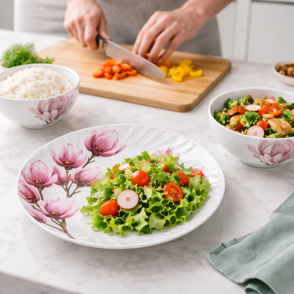 Comfy Homes Round Melamine 41 Pcs Dinner Set | 6 Dinner Plates, 6 Small Plates, 1 Serving Tray, 3 Big Serving Bowls with Lid, 12 Small Bowls, 6 Spoons, 4 Serving Spoons (Pink Blossom)