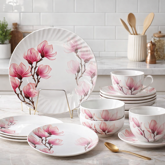 Comfy Homes Round Melamine 41 Pcs Dinner Set | 6 Dinner Plates, 6 Small Plates, 1 Serving Tray, 3 Big Serving Bowls with Lid, 12 Small Bowls, 6 Spoons, 4 Serving Spoons (Pink Blossom)