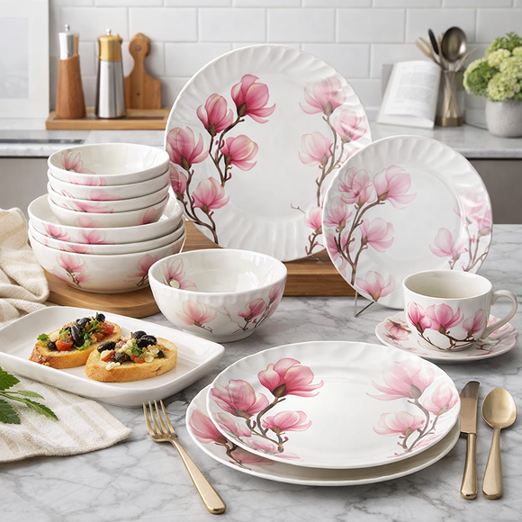 Comfy Homes Round Melamine 41 Pcs Dinner Set | 6 Dinner Plates, 6 Small Plates, 1 Serving Tray, 3 Big Serving Bowls with Lid, 12 Small Bowls, 6 Spoons, 4 Serving Spoons (Pink Blossom)
