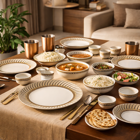 Comfy Homes Round Melamine 41 Pcs Dinner Set | 6 Dinner Plates, 6 Small Plates, 1 Serving Tray, 3 Big Serving Bowls with Lid, 12 Small Bowls, 6 Spoons, 4 Serving Spoons (Jasmine Glow)