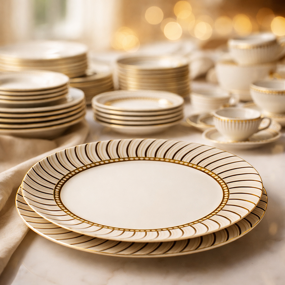 Comfy Homes Round Melamine 41 Pcs Dinner Set | 6 Dinner Plates, 6 Small Plates, 1 Serving Tray, 3 Big Serving Bowls with Lid, 12 Small Bowls, 6 Spoons, 4 Serving Spoons (Jasmine Glow)