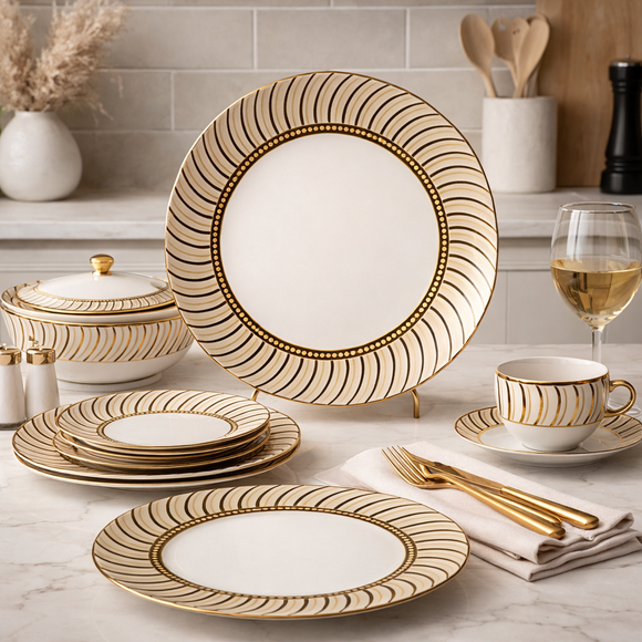 Comfy Homes Round Melamine 41 Pcs Dinner Set | 6 Dinner Plates, 6 Small Plates, 1 Serving Tray, 3 Big Serving Bowls with Lid, 12 Small Bowls, 6 Spoons, 4 Serving Spoons (Jasmine Glow)