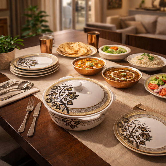 Comfy Homes 41 Pcs Melamine Dinner Set | Round Design with Dinner Plates, Small Plates, Serving Tray, Bowls with Lid, Spoons & Serving Spoons | Unbreakable & Lightweight Dinnerware (Majestic Highness)