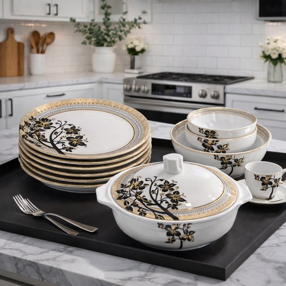 Comfy Homes 41 Pcs Melamine Dinner Set | Round Design with Dinner Plates, Small Plates, Serving Tray, Bowls with Lid, Spoons & Serving Spoons | Unbreakable & Lightweight Dinnerware (Majestic Highness)