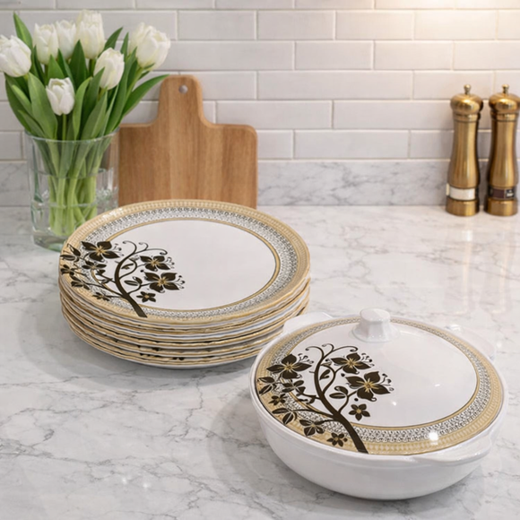 Comfy Homes 41 Pcs Melamine Dinner Set | Round Design with Dinner Plates, Small Plates, Serving Tray, Bowls with Lid, Spoons & Serving Spoons | Unbreakable & Lightweight Dinnerware (Majestic Highness)