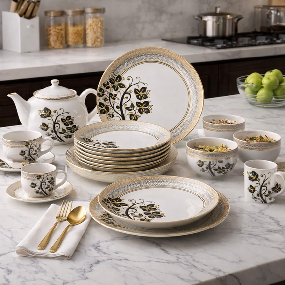 Comfy Homes 41 Pcs Melamine Dinner Set | Round Design with Dinner Plates, Small Plates, Serving Tray, Bowls with Lid, Spoons & Serving Spoons | Unbreakable & Lightweight Dinnerware (Majestic Highness)