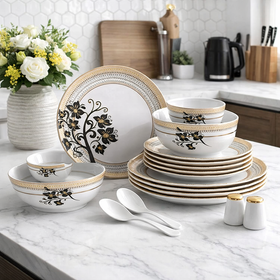Comfy Homes 41 Pcs Melamine Dinner Set | Round Design with Dinner Plates, Small Plates, Serving Tray, Bowls with Lid, Spoons & Serving Spoons | Unbreakable & Lightweight Dinnerware (Majestic Highness) - 0