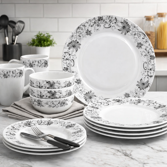 Comfy Homes Round Melamine 41 Pcs Floral Dinner Set | 6 Dinner Plates, 6 Small Plates, 1 Serving Tray, 3 Big Serving Bowls with Lid, 12 Small Bowls, 6 Spoons, 4 Serving Spoons (Royal Black)