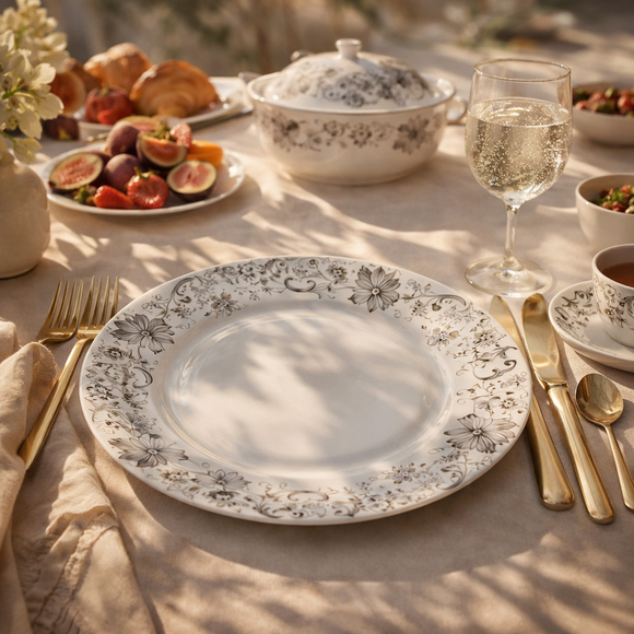 Comfy Homes Round Melamine 41 Pcs Floral Dinner Set | 6 Dinner Plates, 6 Small Plates, 1 Serving Tray, 3 Big Serving Bowls with Lid, 12 Small Bowls, 6 Spoons, 4 Serving Spoons (Royal Black)