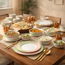 Comfy Homes Round Melamine 41 Pcs Dinner Set | 6 Dinner Plates, 6 Small Plates, 1 Serving Tray, 3 Big Serving Bowls with Lid, 12 Small Bowls, 6 Spoons, 4 Serving Spoons (The Nawabi Series)-1