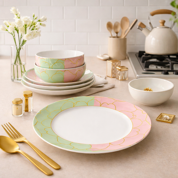 Comfy Homes Round Melamine 41 Pcs Dinner Set | 6 Dinner Plates, 6 Small Plates, 1 Serving Tray, 3 Big Serving Bowls with Lid, 12 Small Bowls, 6 Spoons, 4 Serving Spoons (The Nawabi Series)