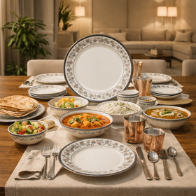 Comfy Homes Round Melamine 41 Pcs Dinner Set | 6 Dinner Plates, 6 Small Plates, 1 Serving Tray, 3 Big Serving Bowls with Lid, 12 Small Bowls, 6 Spoons, 4 Serving Spoons (Nizam Gold)