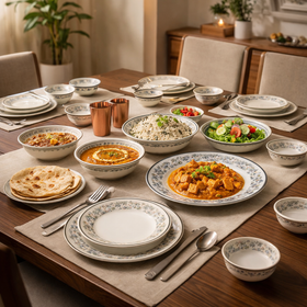 Comfy Homes Round Melamine 41 Pcs Dinner Set | 6 Dinner Plates, 6 Small Plates, 1 Serving Tray, 3 Big Serving Bowls with Lid, 12 Small Bowls, 6 Spoons, 4 Serving Spoons (Nizam Gold) - 0