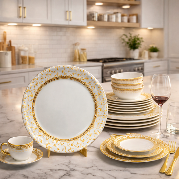 Comfy Homes Pure Melamine Round Dinner Set | 6 Dinner Plates, 6 Small Plates, 1 Serving Tray, 3 Big Serving Bowls with Lid, 12 Small Bowls, 6 Spoons, 4 Serving Spoons (SonaPatra)