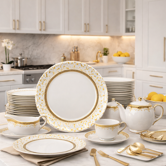 Comfy Homes Pure Melamine Round Dinner Set | 6 Dinner Plates, 6 Small Plates, 1 Serving Tray, 3 Big Serving Bowls with Lid, 12 Small Bowls, 6 Spoons, 4 Serving Spoons (SonaPatra)