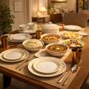 Comfy Homes Pure Melamine Round Dinner Set | 6 Dinner Plates, 6 Small Plates, 1 Serving Tray, 3 Big Serving Bowls with Lid, 12 Small Bowls, 6 Spoons, 4 Serving Spoons (SonaPatra)-1